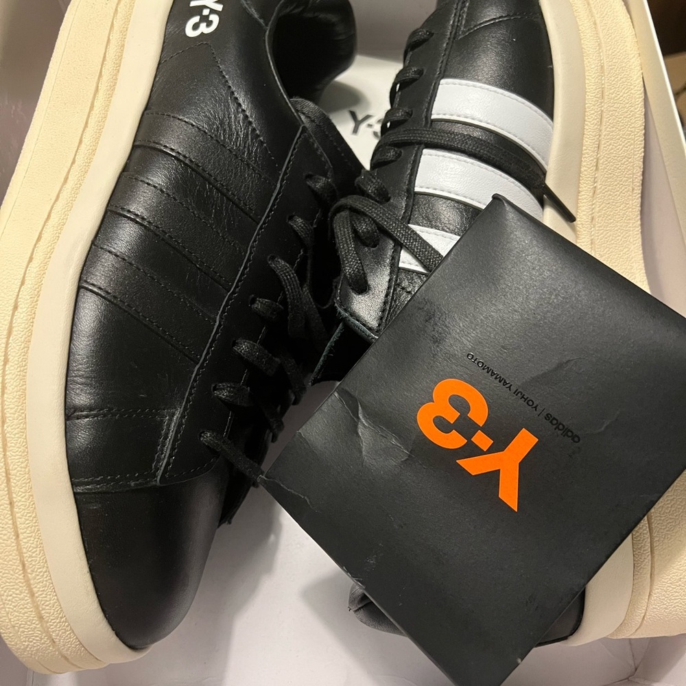 Y-3 Black Leather Sneakers with White Stripes